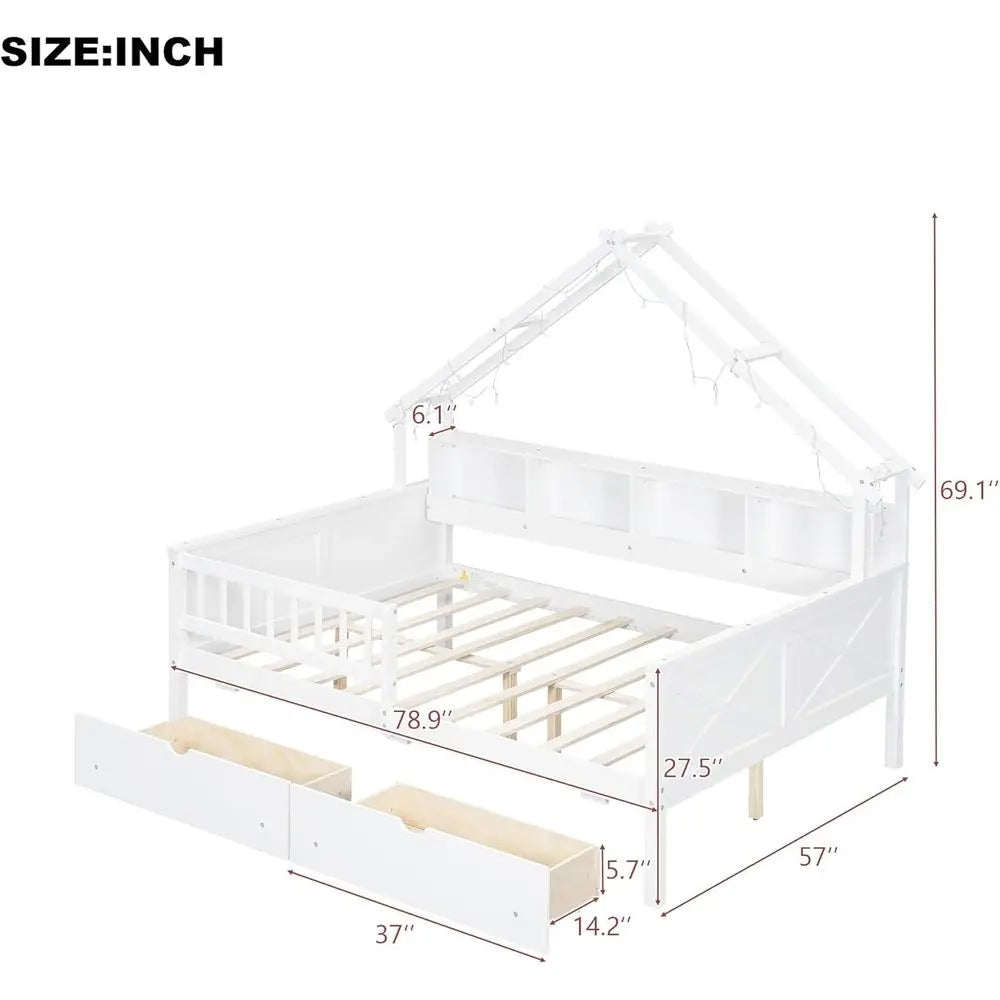 Wooden Bed Frame With Storage Drawers LED Lights And Shelves