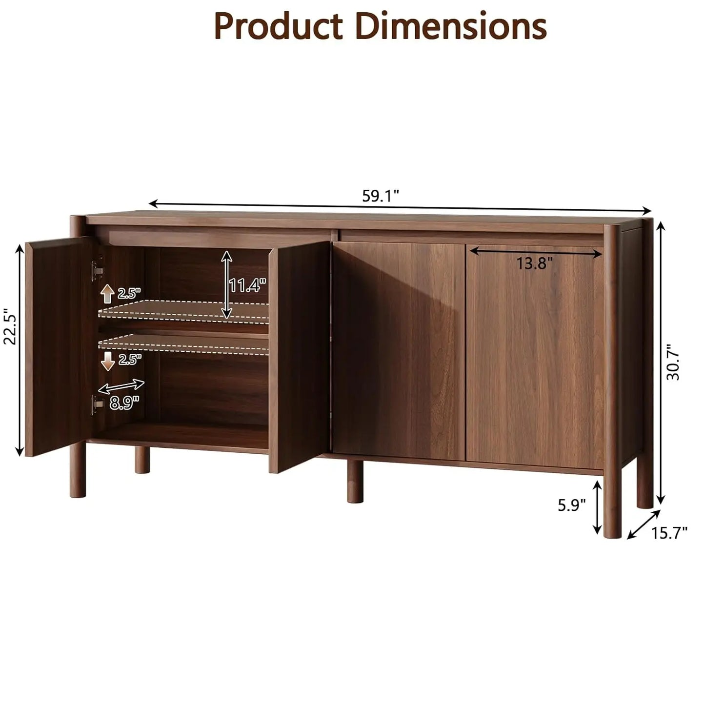 Walnut Mid Century Buffet Cabinet With Doors And Adjustable Shelves