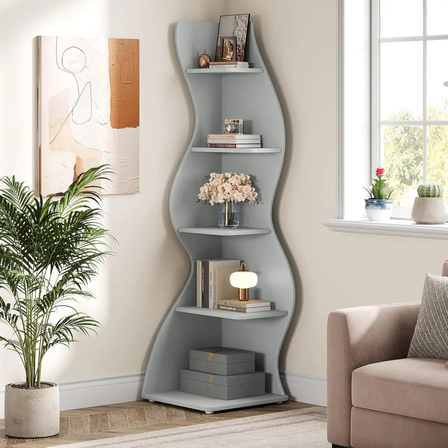 Modern 5-Tier Curvy Corner Shelf Rack For Living Room