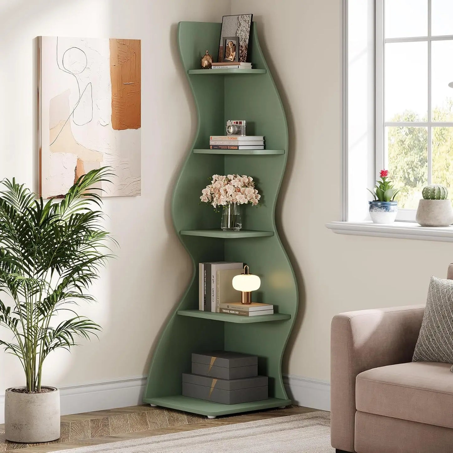 Modern 5-Tier Curvy Corner Shelf Rack For Living Room