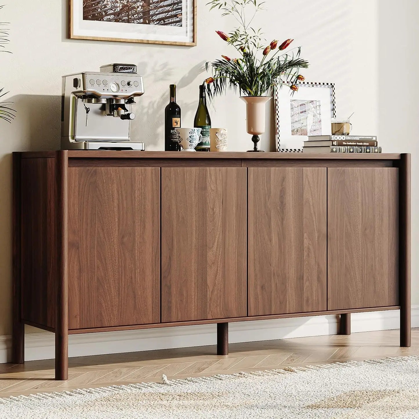 Walnut Mid Century Buffet Cabinet With Doors And Adjustable Shelves
