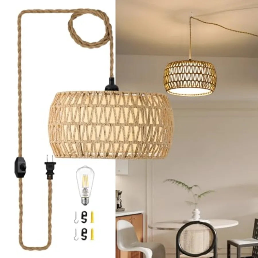 Boho Rattan Hand Woven Pendant Light Farmhouse Hanging Lamp
