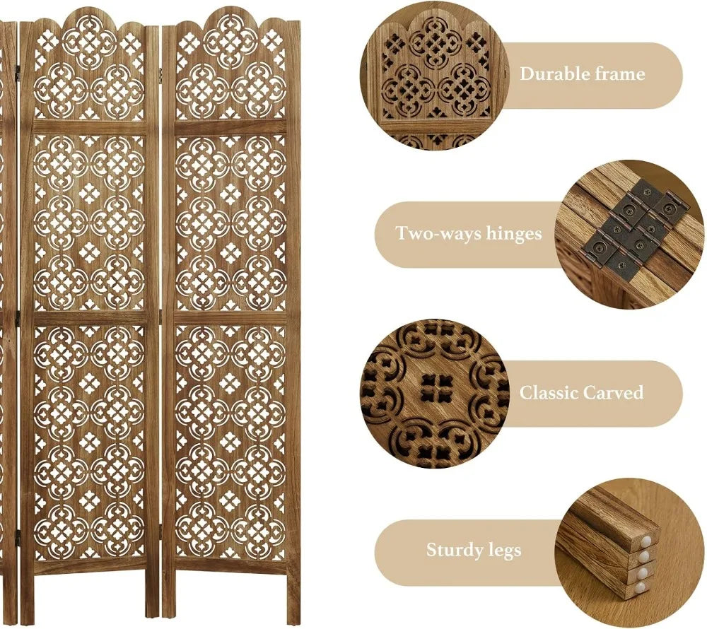 Four Panel Wood Carved Privacy Screen Folding Room Divider