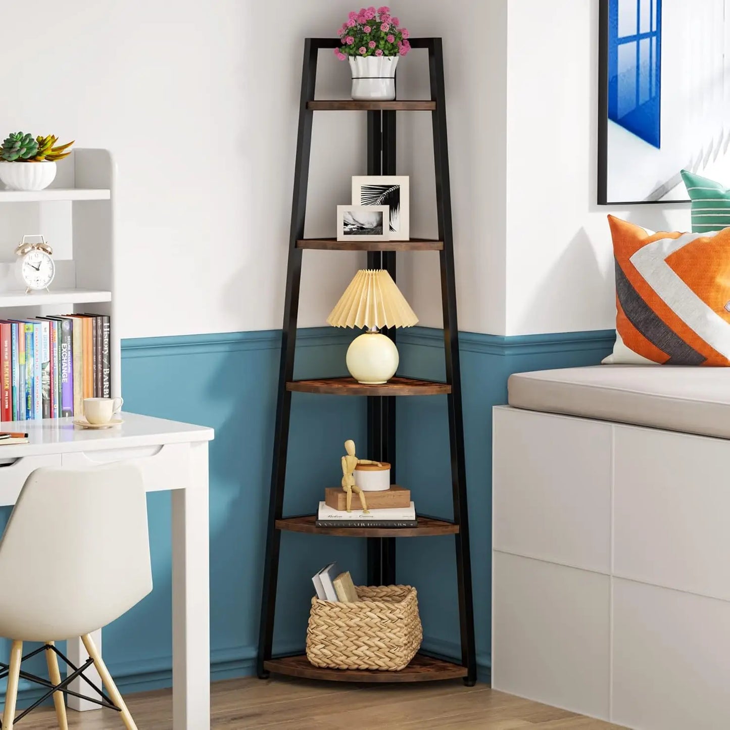 Five-Tier Corner Bookshelf And Bookcase For Living Room Or Office