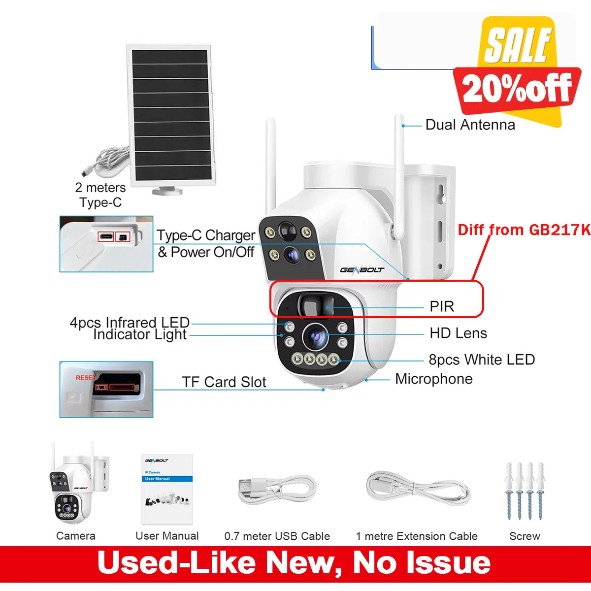 GENBOLT Outdoor Solar Security WiFi Camera with Dual Motion Detection