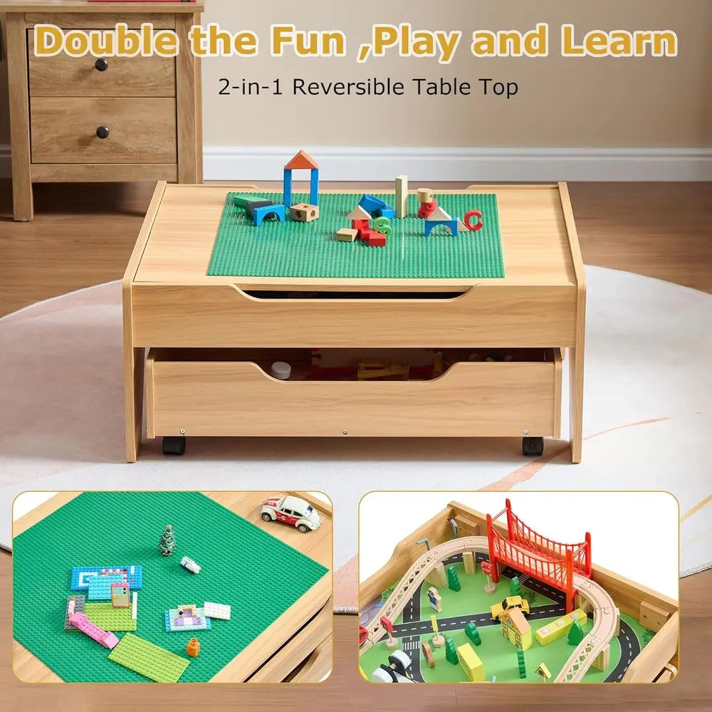3 In 1 Wooden Train Table With Ample Storage Wheels