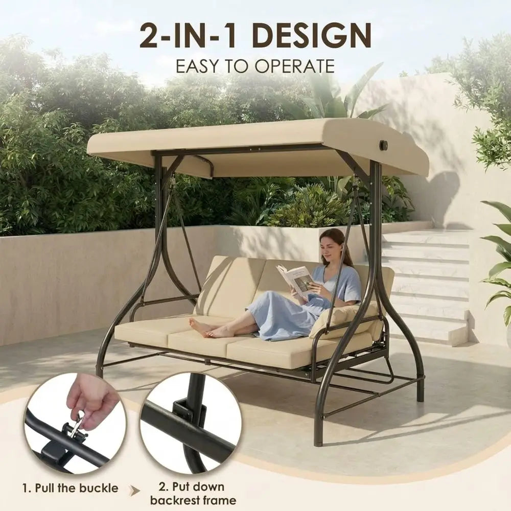 Three Seat Outdoor Patio Swing With Adjustable Backrest And Convertible Glider