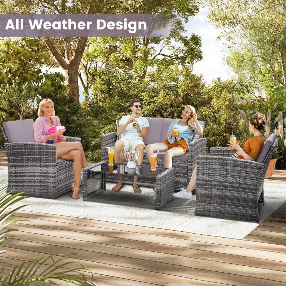 Outdoor Rattan Sofa Set With Cushions And Glass Table