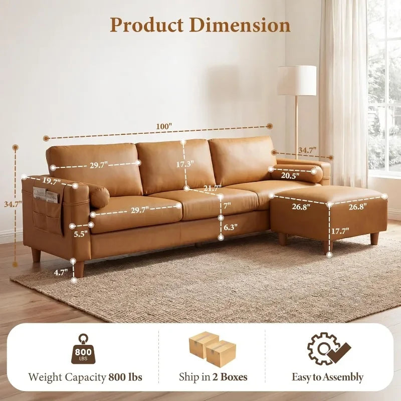 Faux Leather L Shaped Sofa With Movable Ottoman Side Pocket