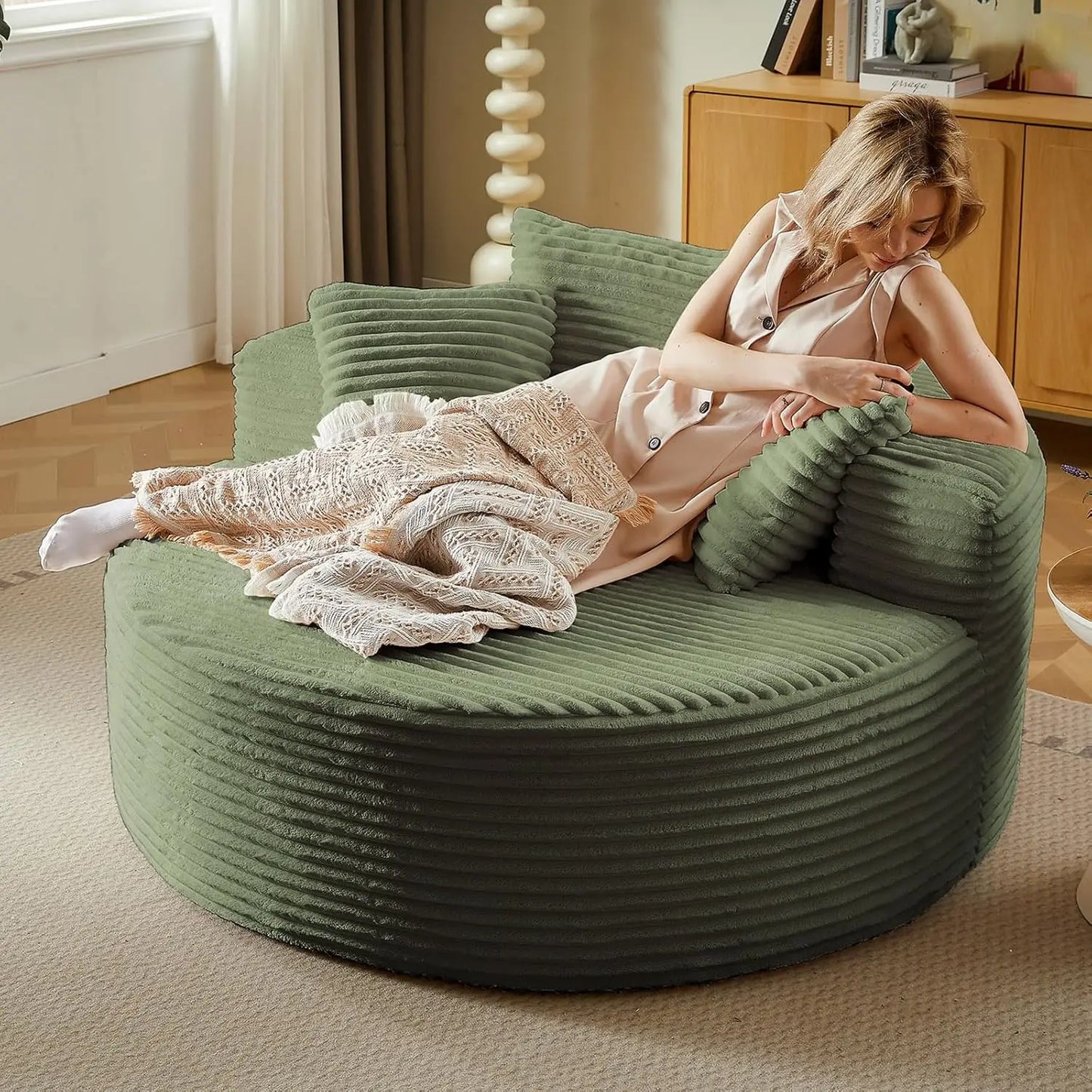 Indoor Plush Corduroy Round Chaise Lounge Chair Modern Style