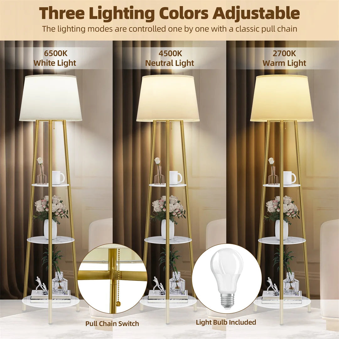 Vrygle Tripod Floor Lamp With Storage Shelves And Dimmable LED