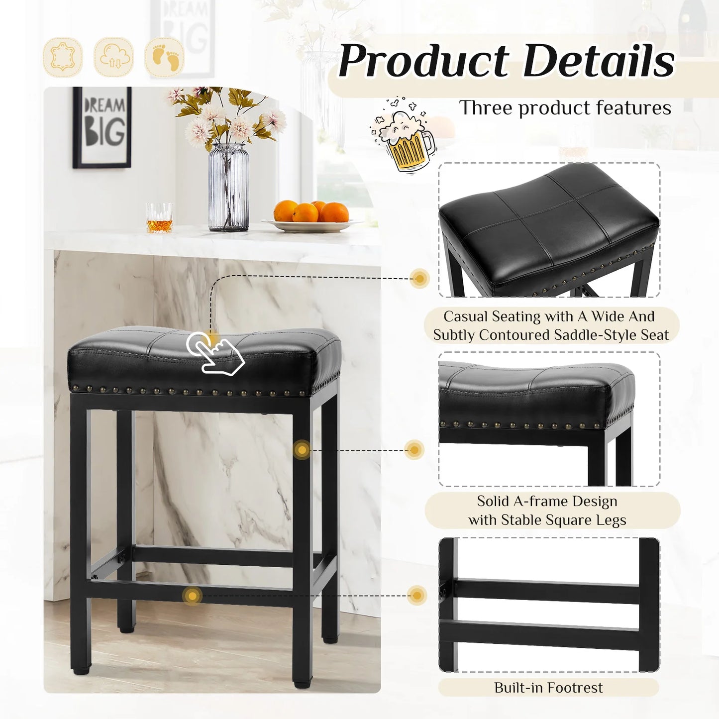 JHK Saddle Style PU Leather Bar Stools With Metal Base