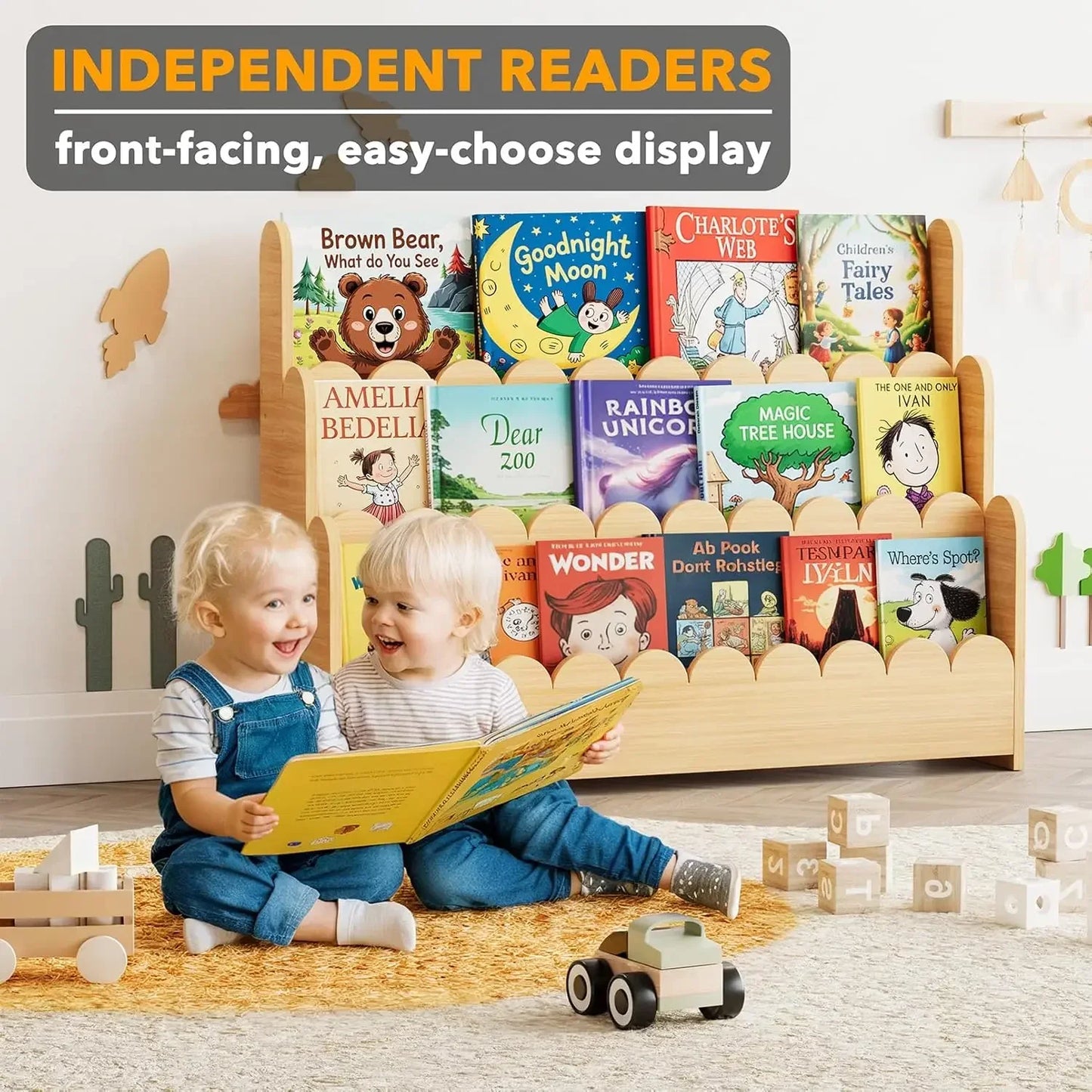 3-Tier Scalloped Bookshelf Montessori Wooden Bookcase for Toddlers Playroom