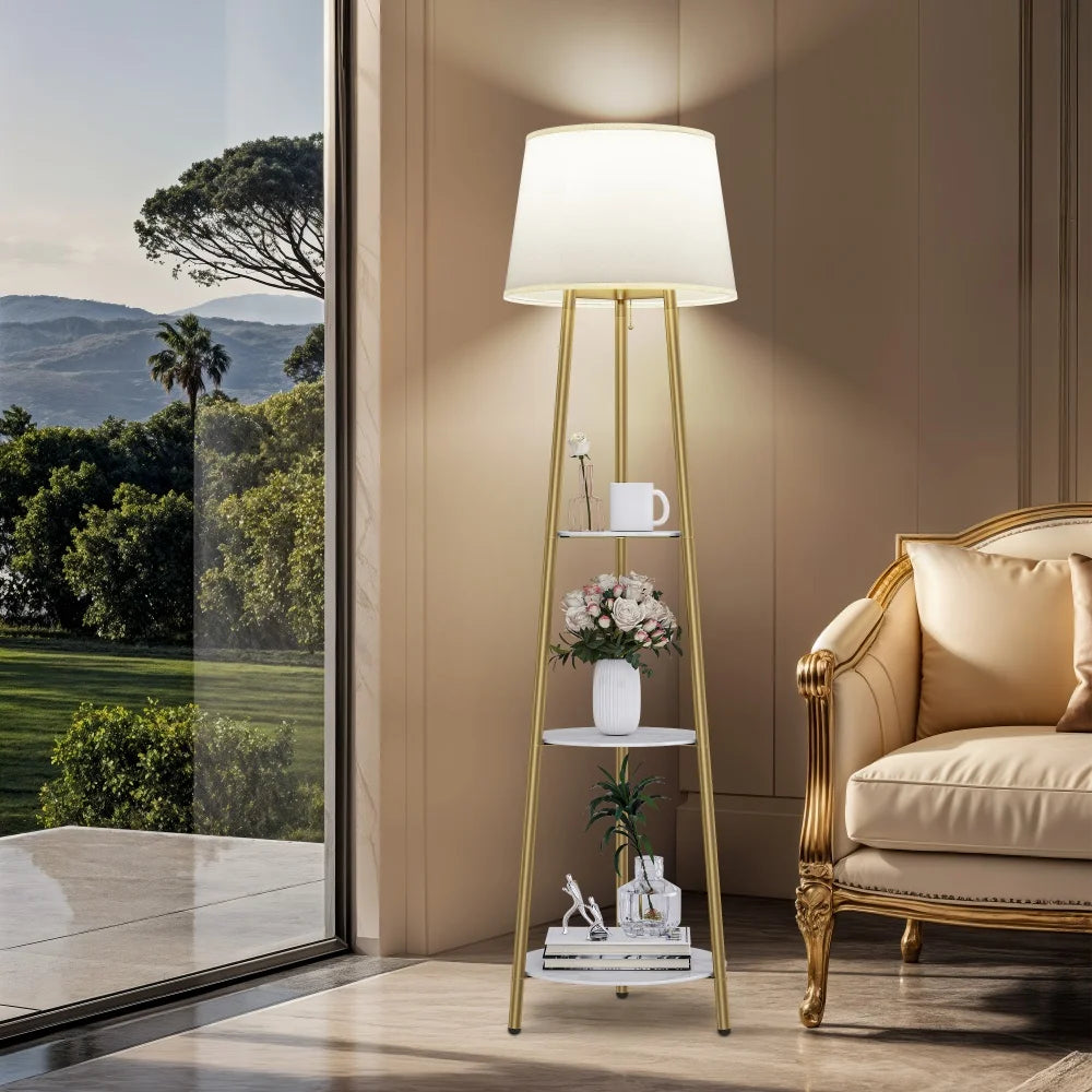 Modern Tripod Floor Lamp With Integrated Storage Shelf And Bulbs