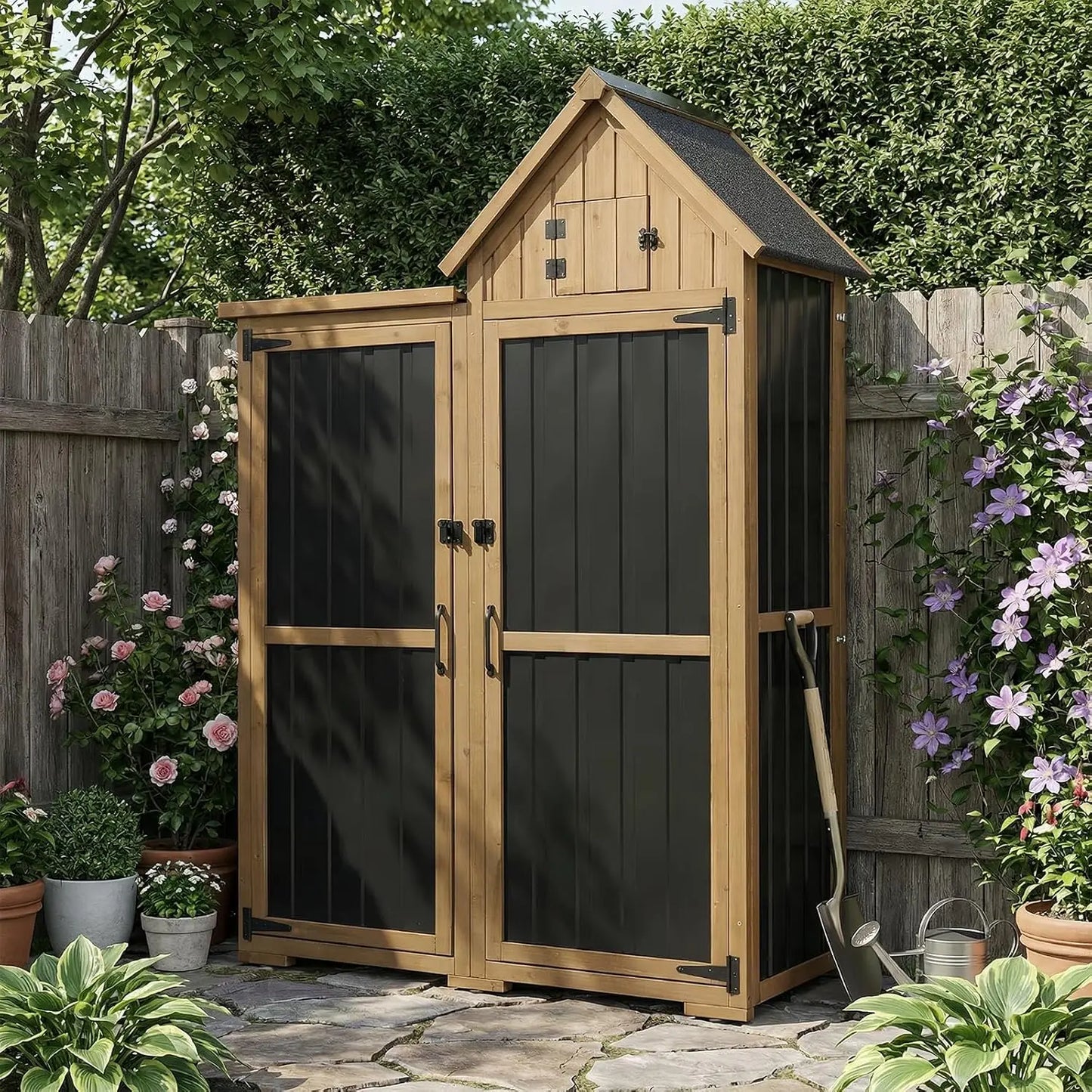 Outdoor Storage Cabinet Metal And Wood Garden Shed Lockable Doors