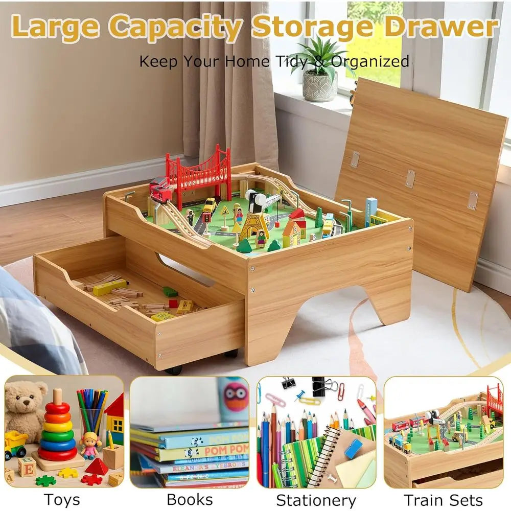 3 In 1 Wooden Train Table With Ample Storage Wheels