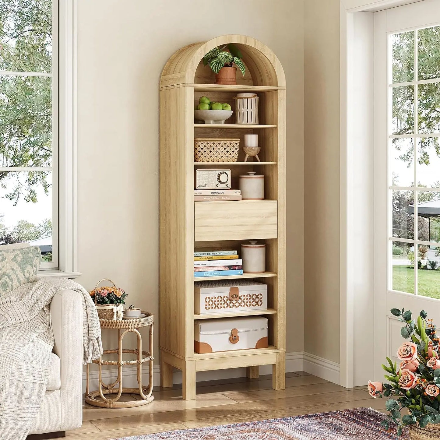 Arch Storage Cabinet 7 Tier Open Organizer With One Drawer Wooden