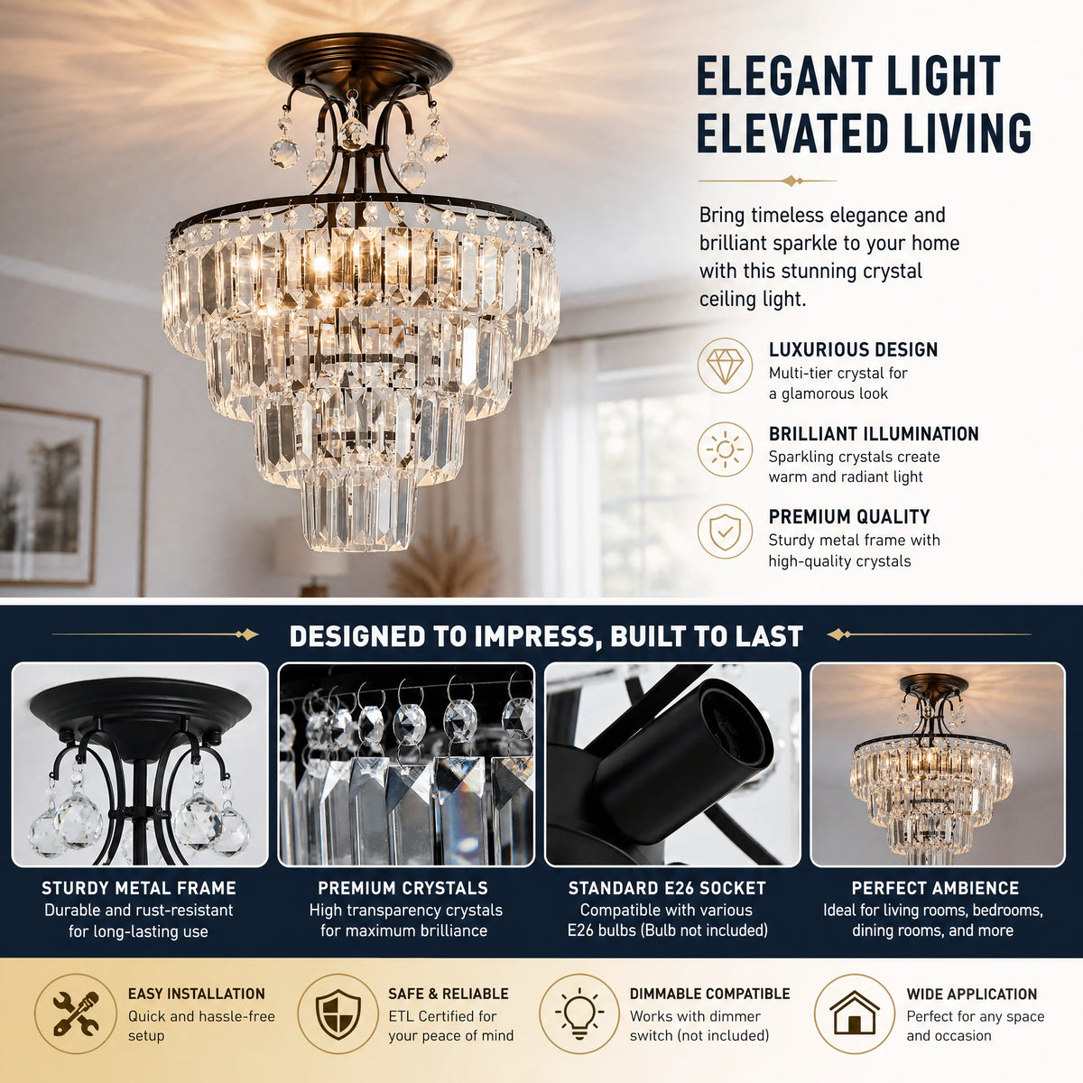 K9 Crystal Modern Semi-Flush Mount 3 Tier Waterfall Chandelier