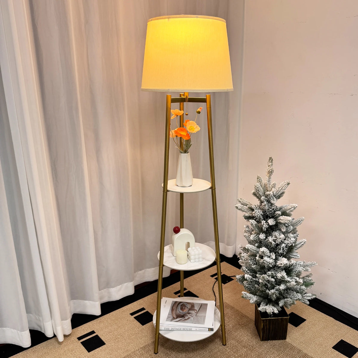 Modern Tripod Floor Lamp With Integrated Storage Shelf And Bulbs