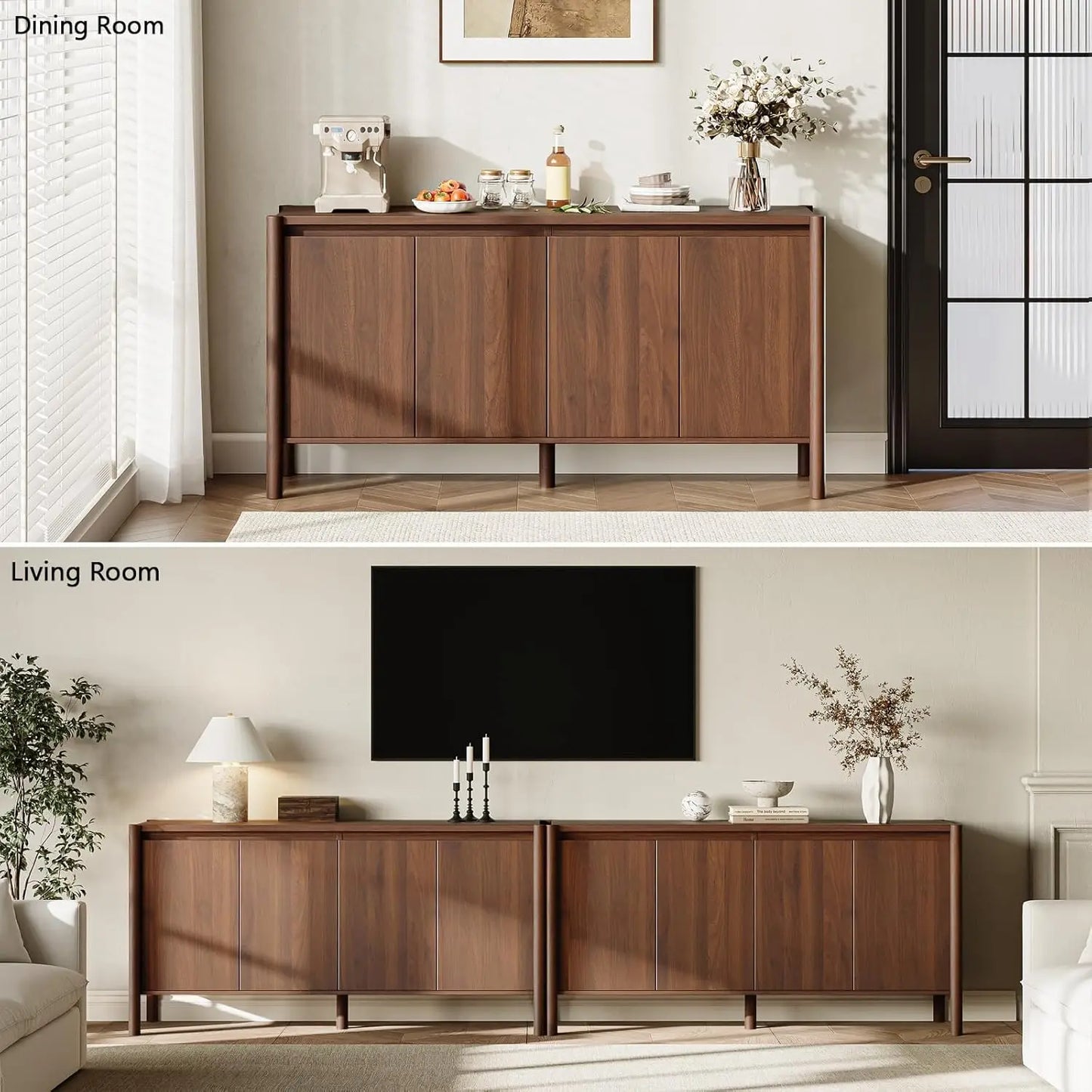 Walnut Mid Century Buffet Cabinet With Doors And Adjustable Shelves
