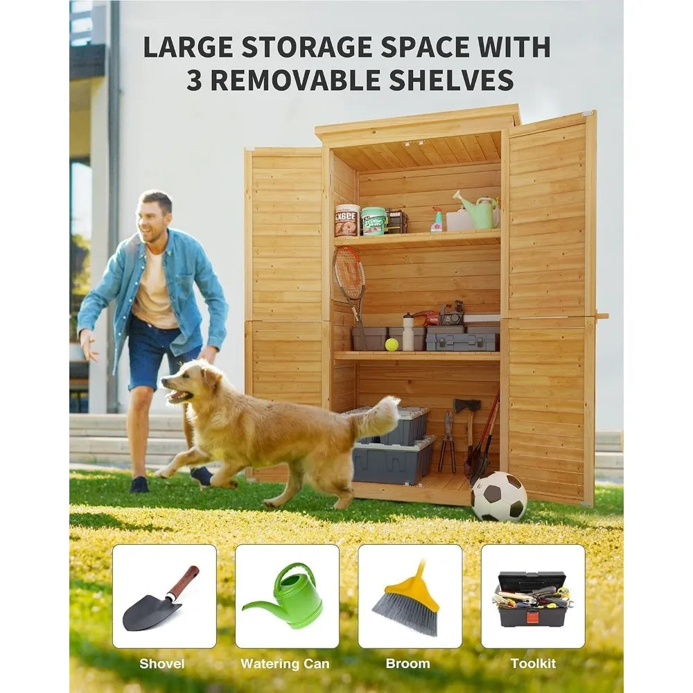 Wooden Outdoor Storage Cabinet With 3 Shelves And Double Locking Waterproof Roof