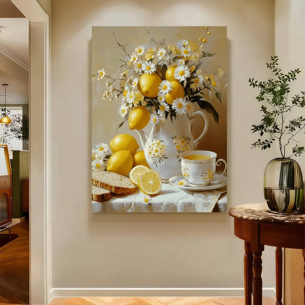 Framed Vintage Canvas Wall Art Lemons And White Vase Floral