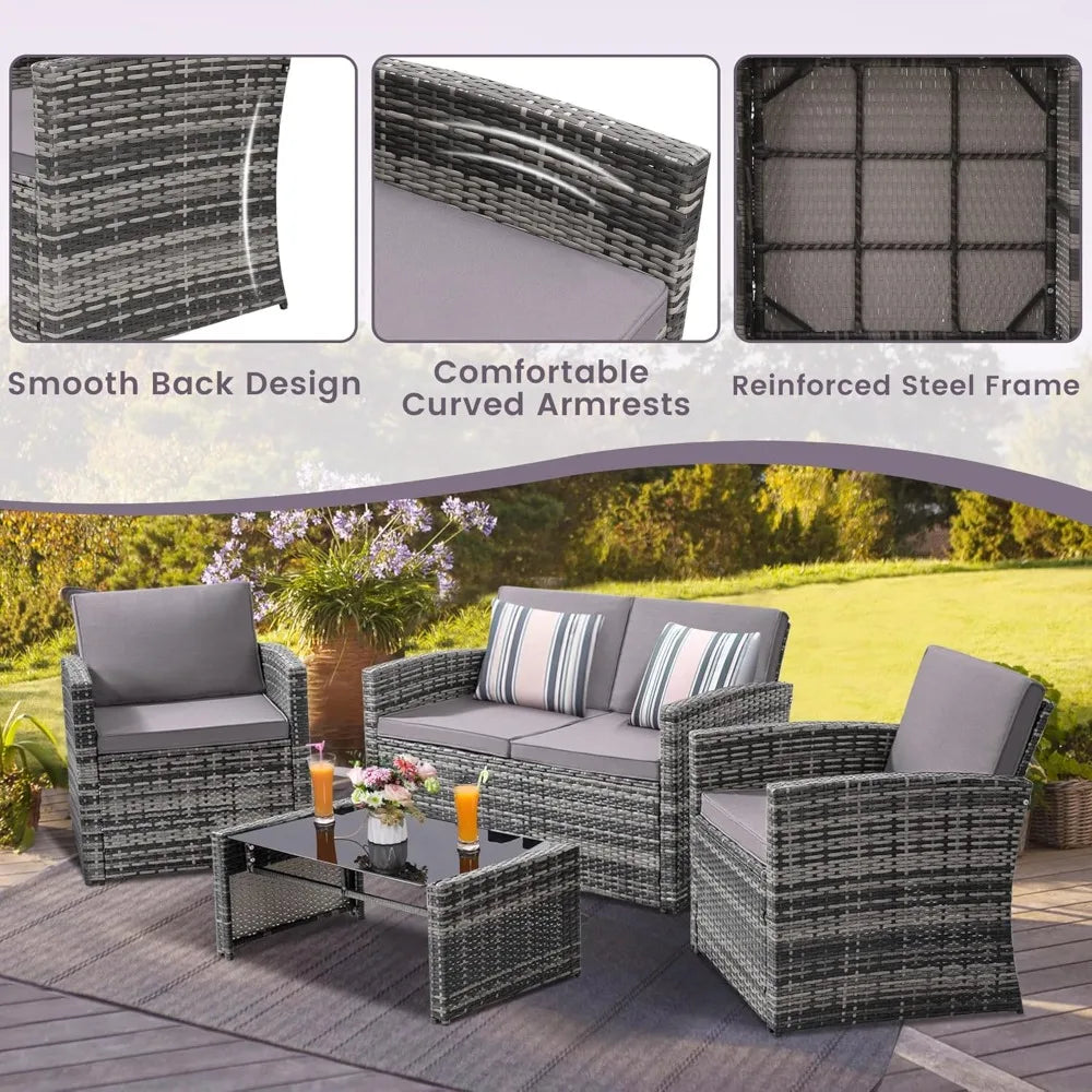 Outdoor Rattan Sofa Set With Cushions And Glass Table