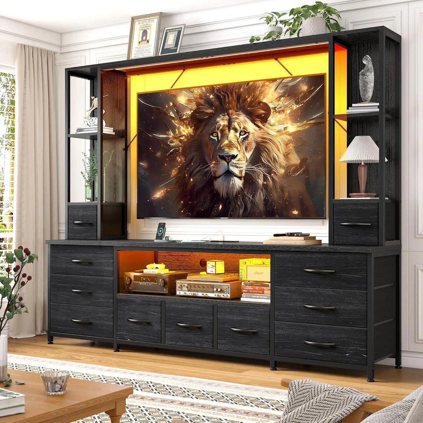 TV Stand With LED Lights And Power Outlets Fabric Drawers