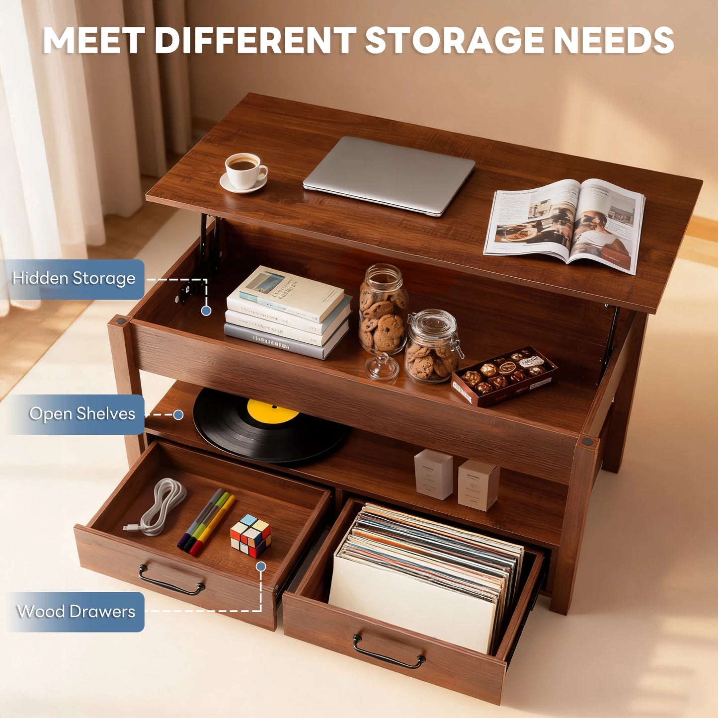 JHK Lift Top Coffee Table With Drawers And Hidden Storage