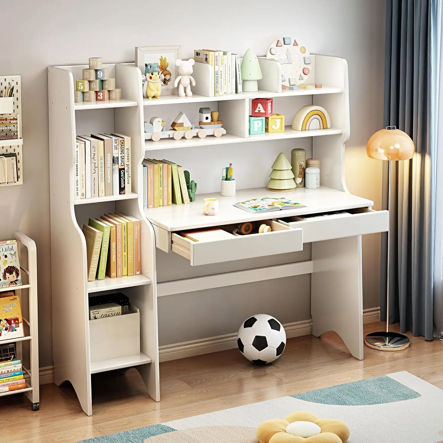 Kids Desk With Drawers And Bookshelf In Rubber Wood