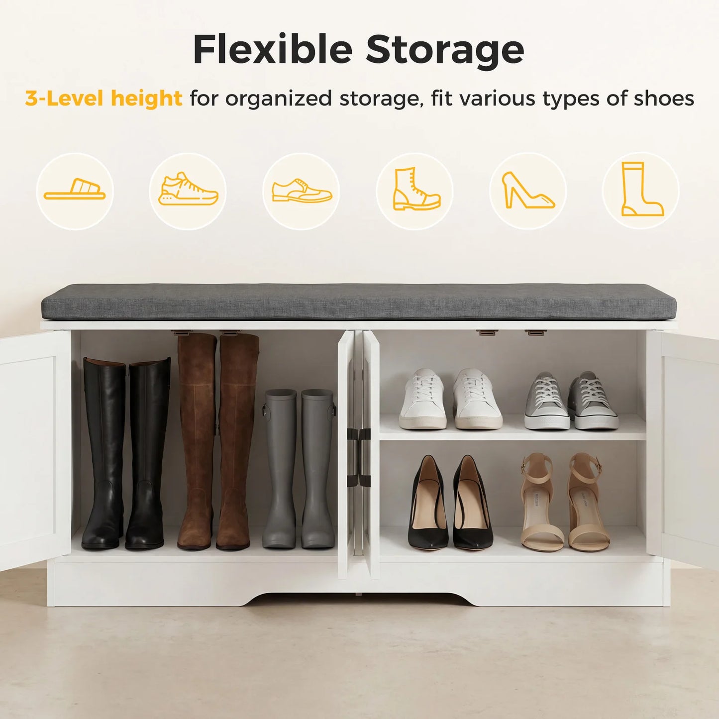 JHK Storage Bench Two Door Shoe Organizer Cabinet Entryway