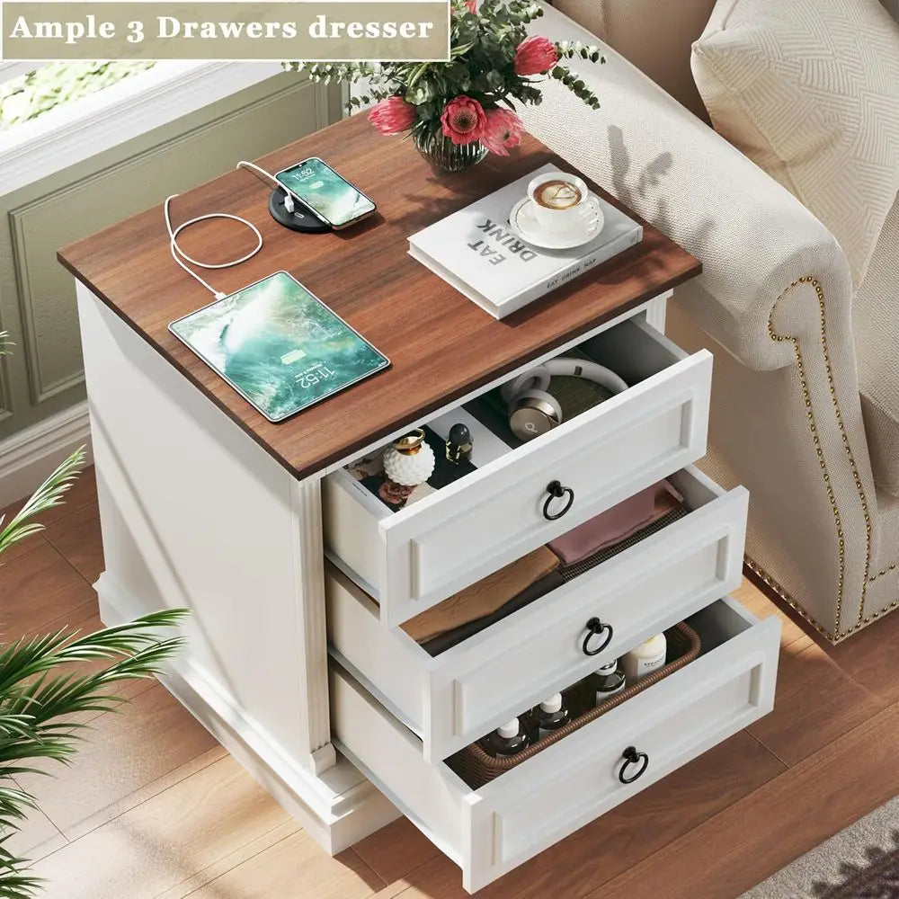 Farmhouse Nightstand Set of 2 With Wireless Charging Station