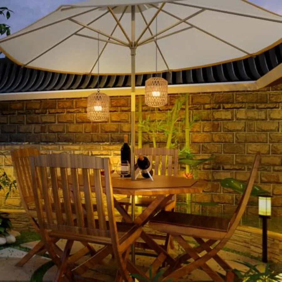 Battery Operated Boho Rattan Chandelier Cord Pendant Light With Remote