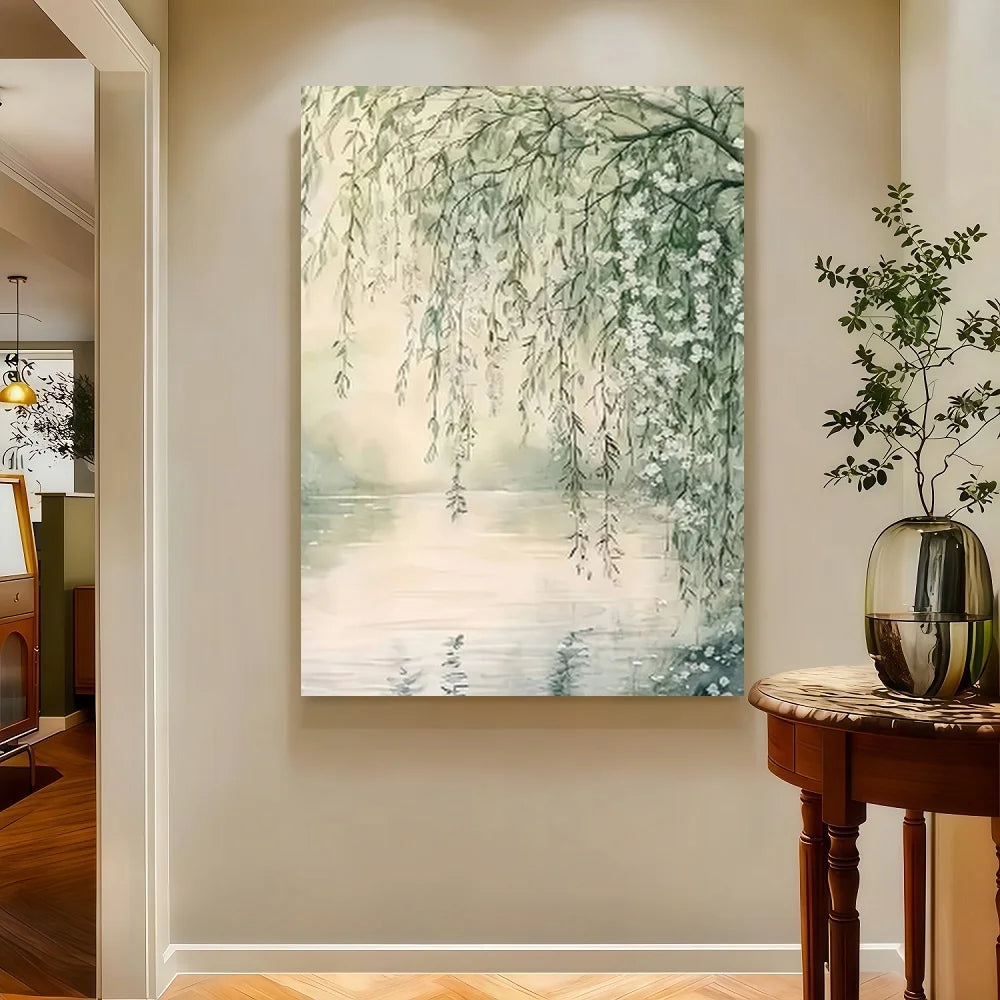 Framed Canvas Artwork Tranquil River Scene With Willows And Flowers