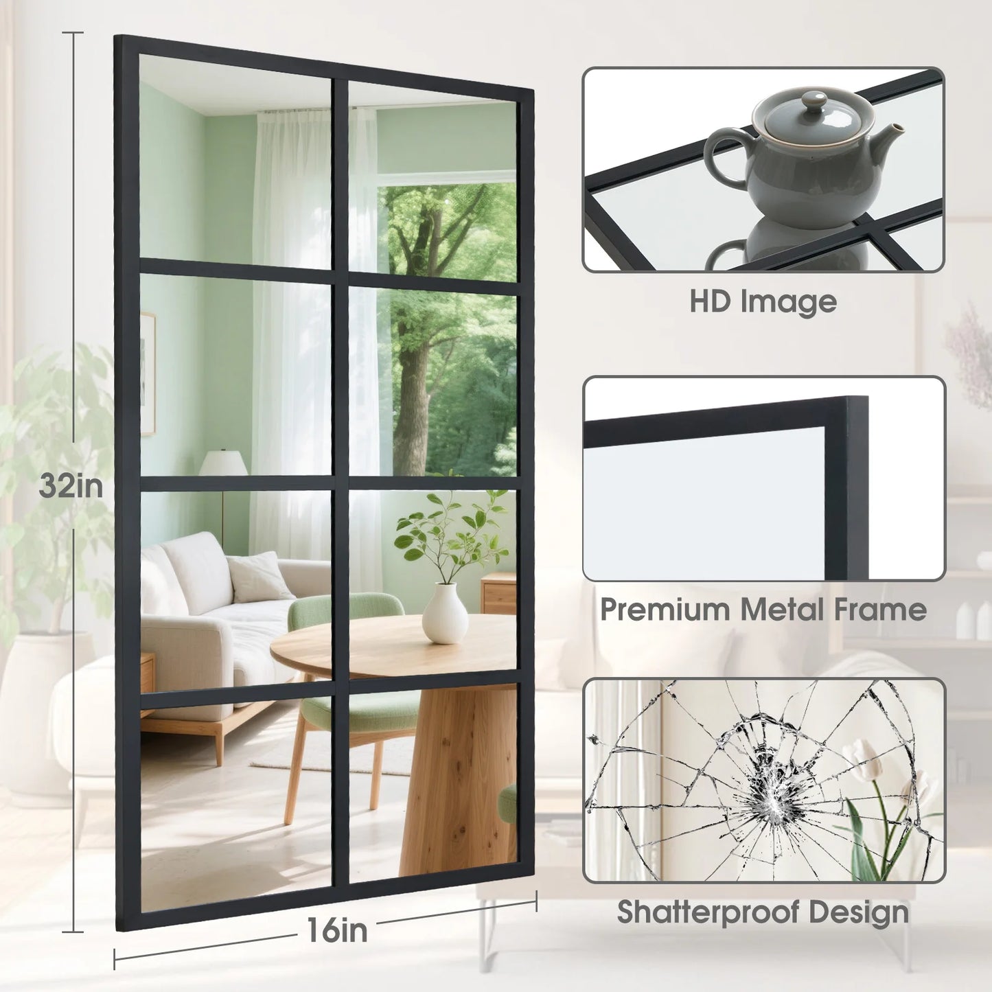 JHK Two Piece Full Body Wall Mirrors Metal Framed Decor