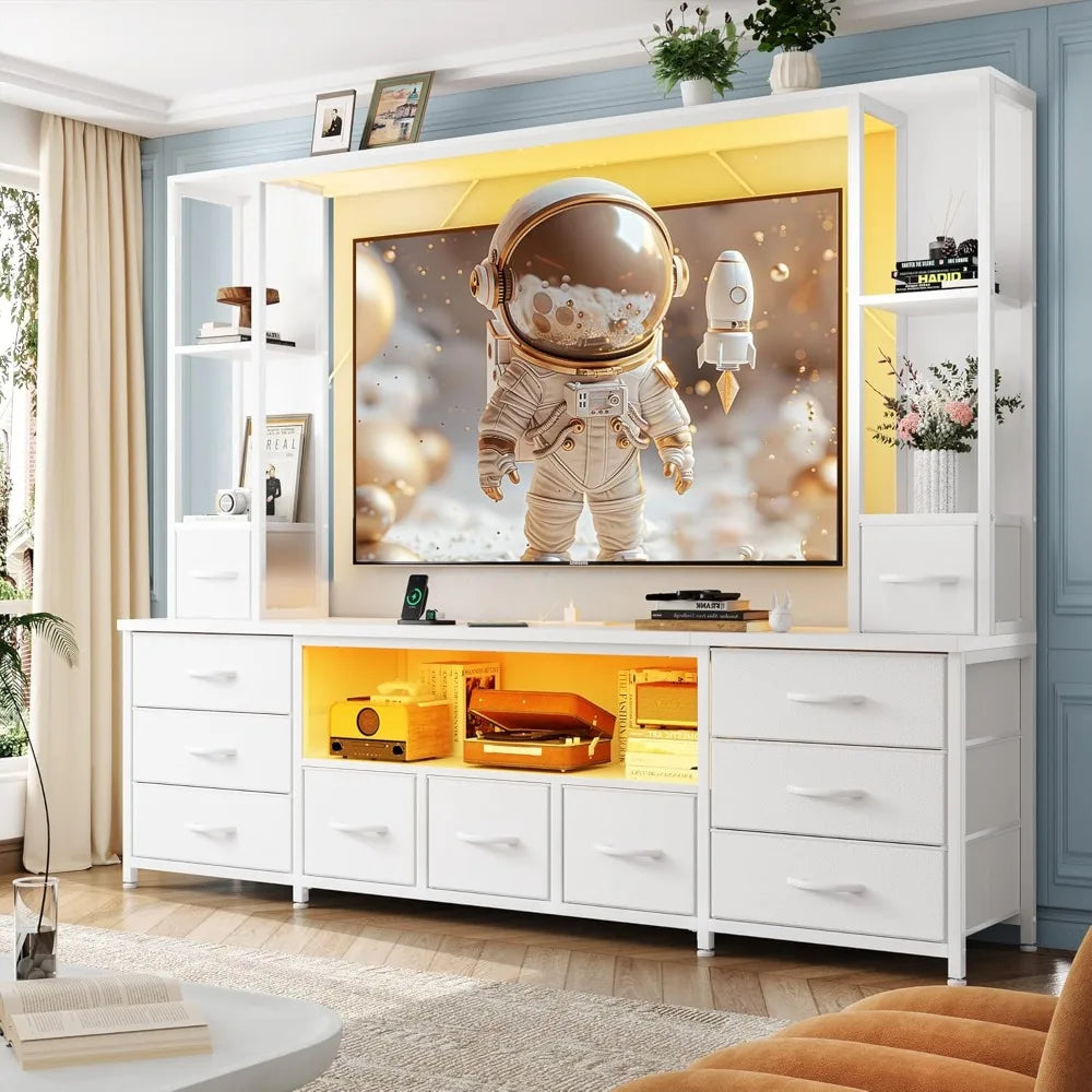 TV Stand With LED Lights And Power Outlets Fabric Drawers