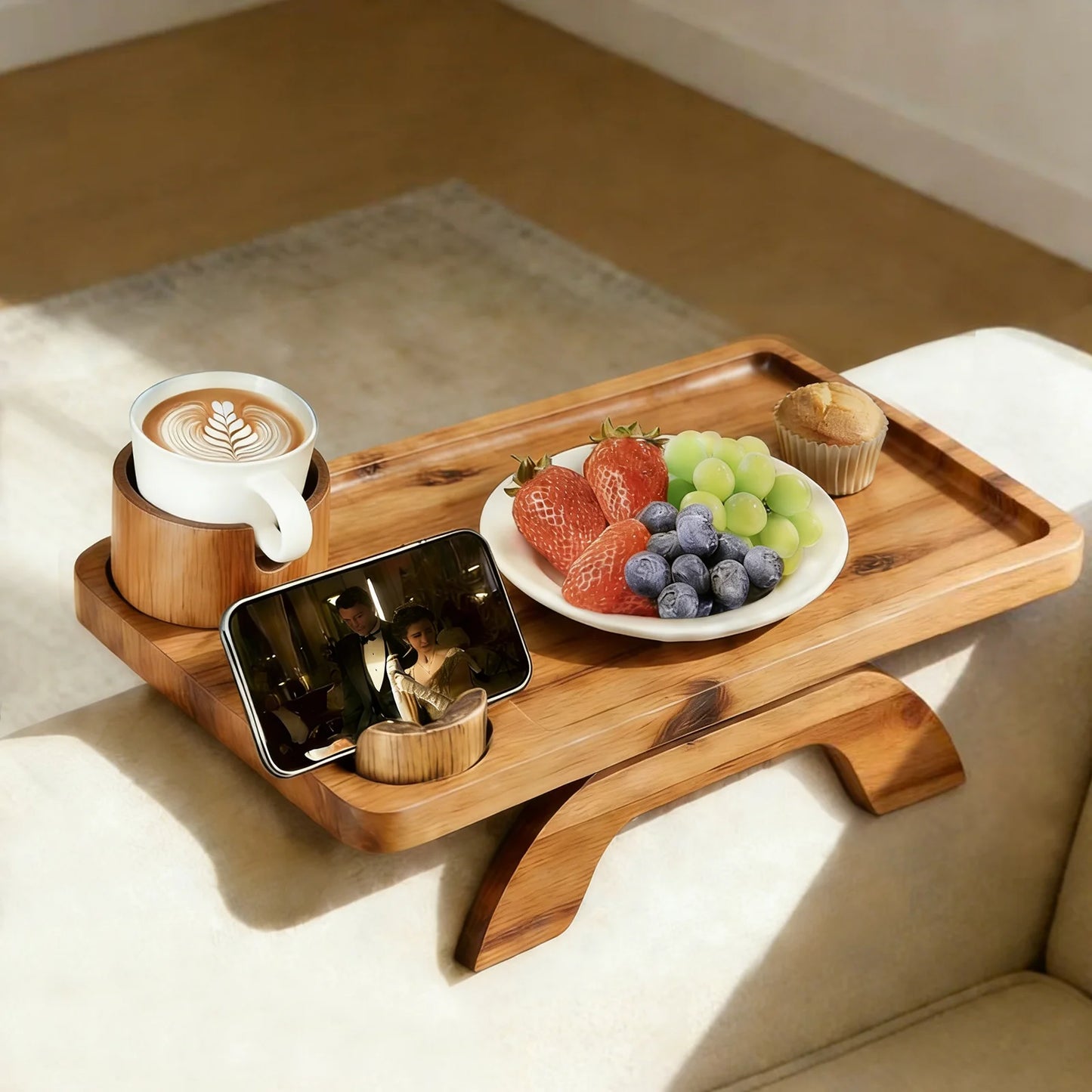 JHK Folded 3 In 1 Clip Sofa Armrest Tray With 360 Rotating Phone Holder
