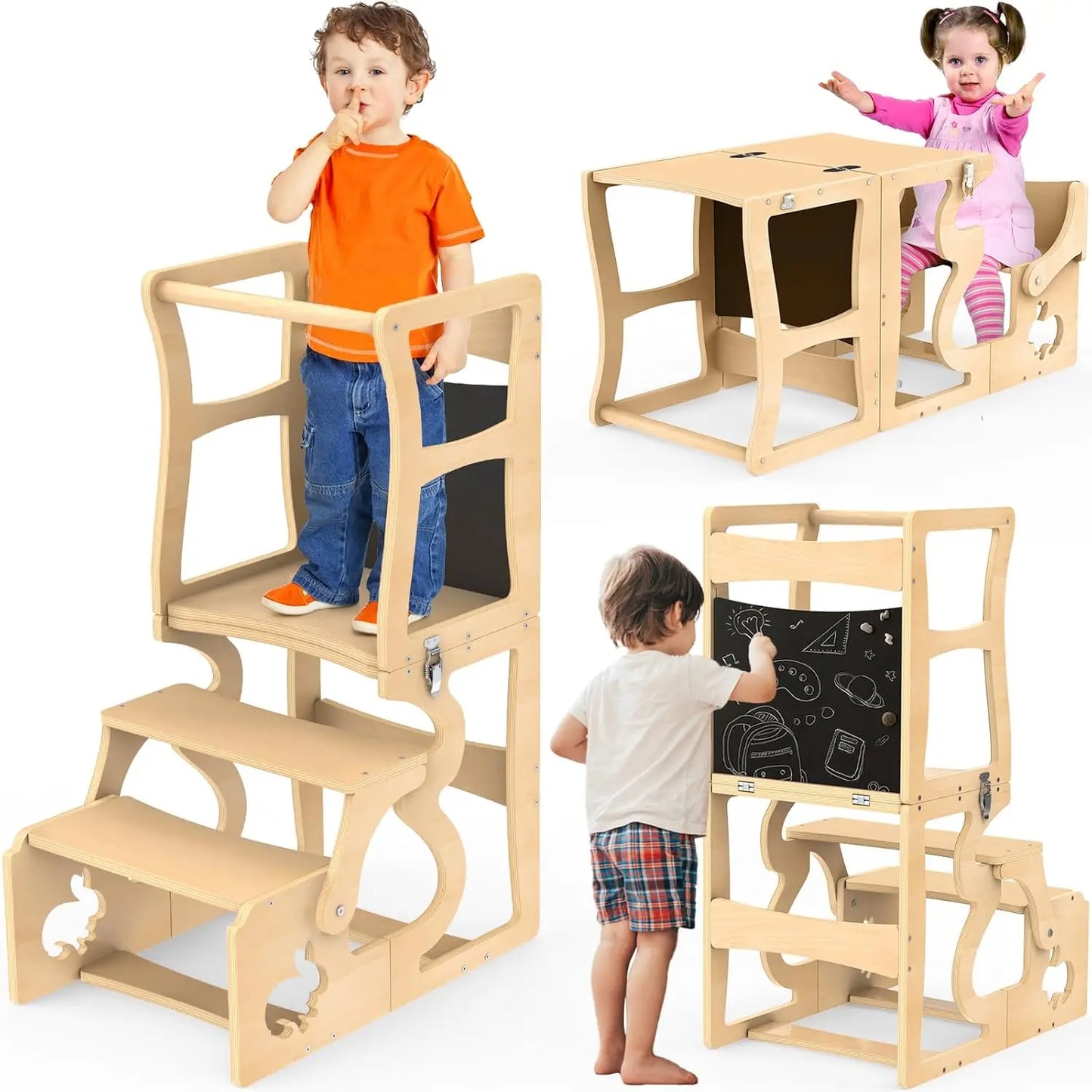 Foldable Toddler Kitchen Stool with Chalkboard and Safety Rail