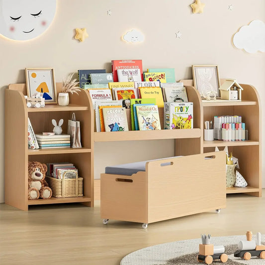 Kids Reading Nook Bench Movable 3 Tier Bookshelf With 6 Cubbies