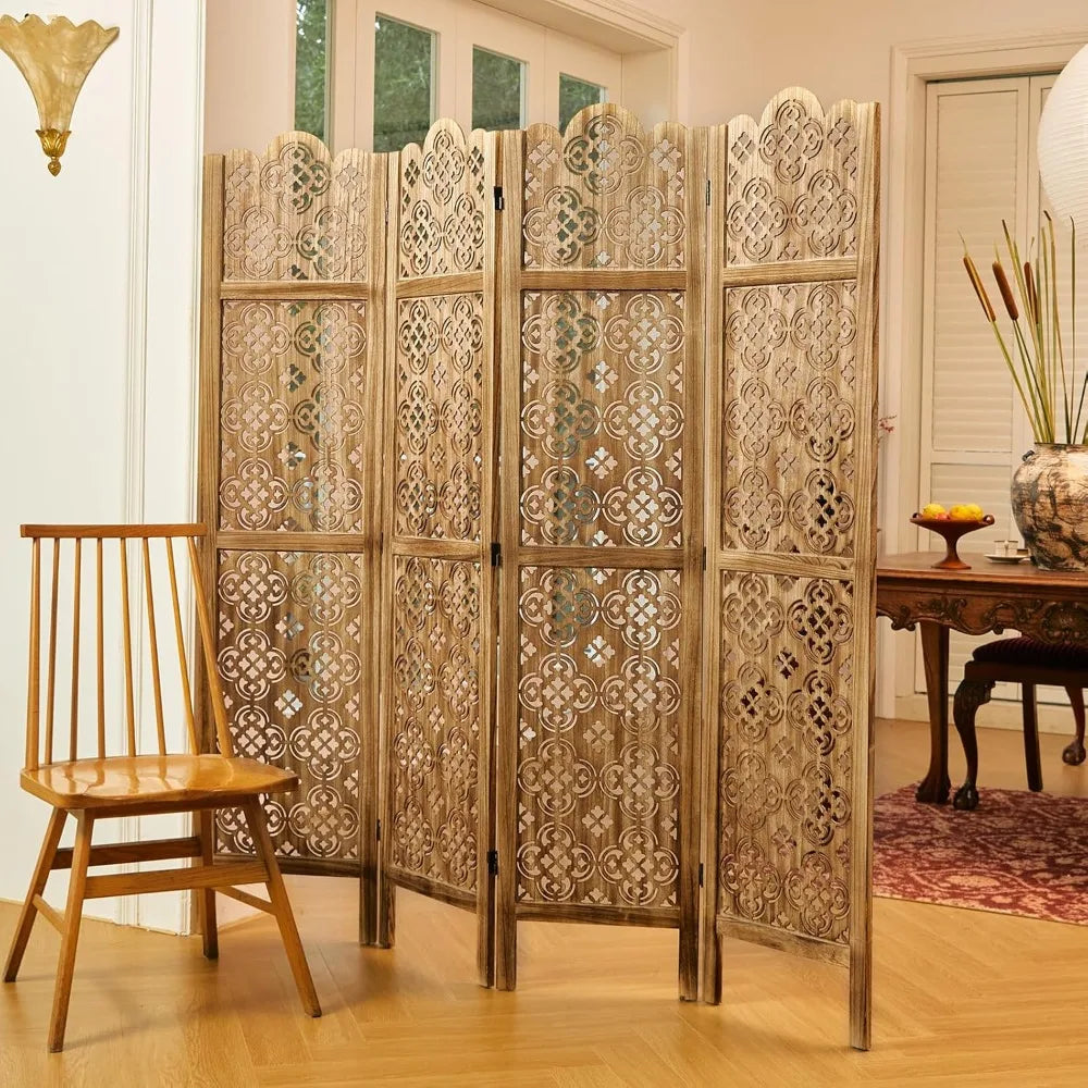 Four Panel Wood Carved Privacy Screen Folding Room Divider