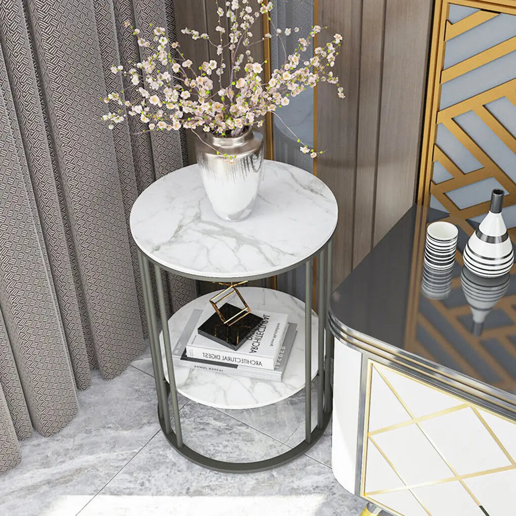 LUVODI Modern Round Sofa Side Table Two-Tier Metal Frame