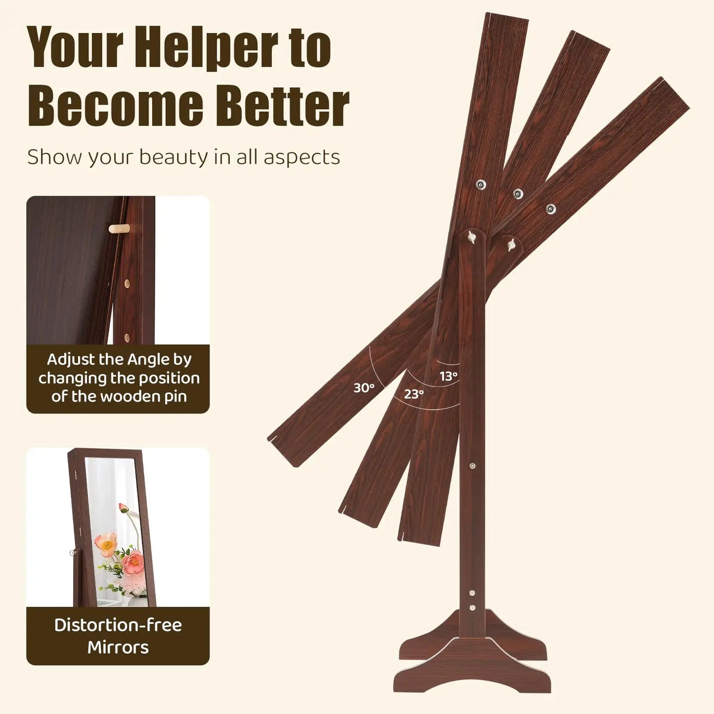 JHK Living Room Jewelry Armoire Cabinet Standing Mirror Organizer