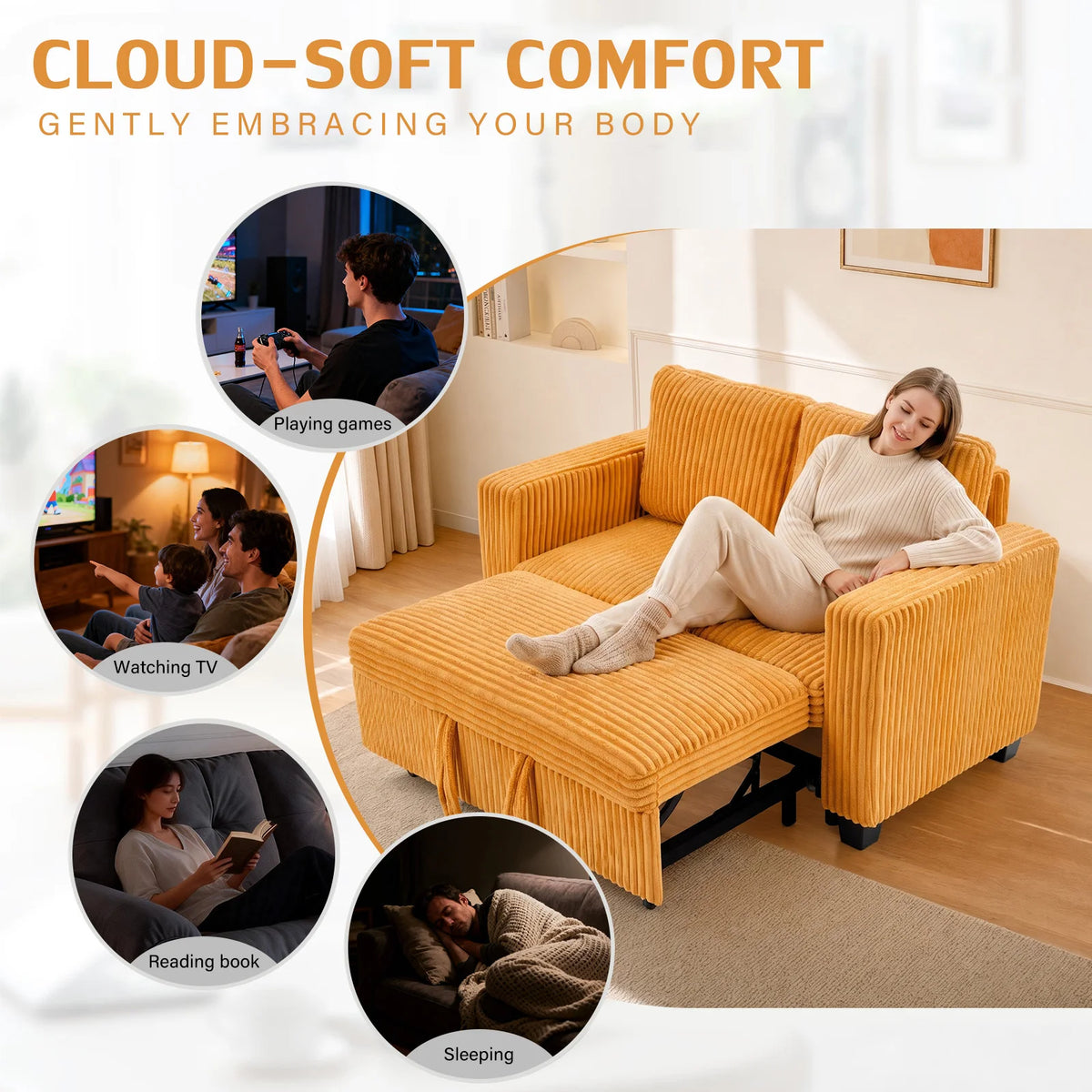 Modern Corduroy Convertible Sofa Bed With Solid Wood Frame