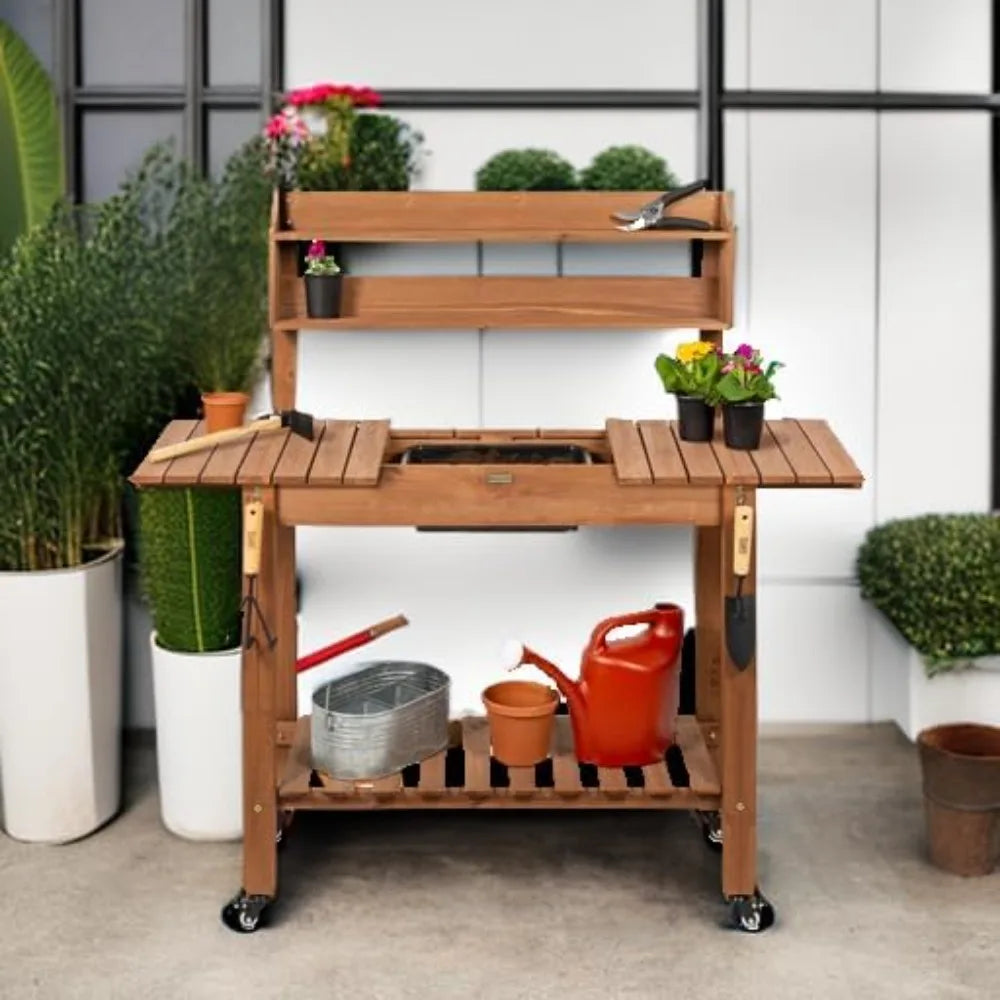 Mobile Garden Potting Bench With Sliding Tabletop And Dry Sink
