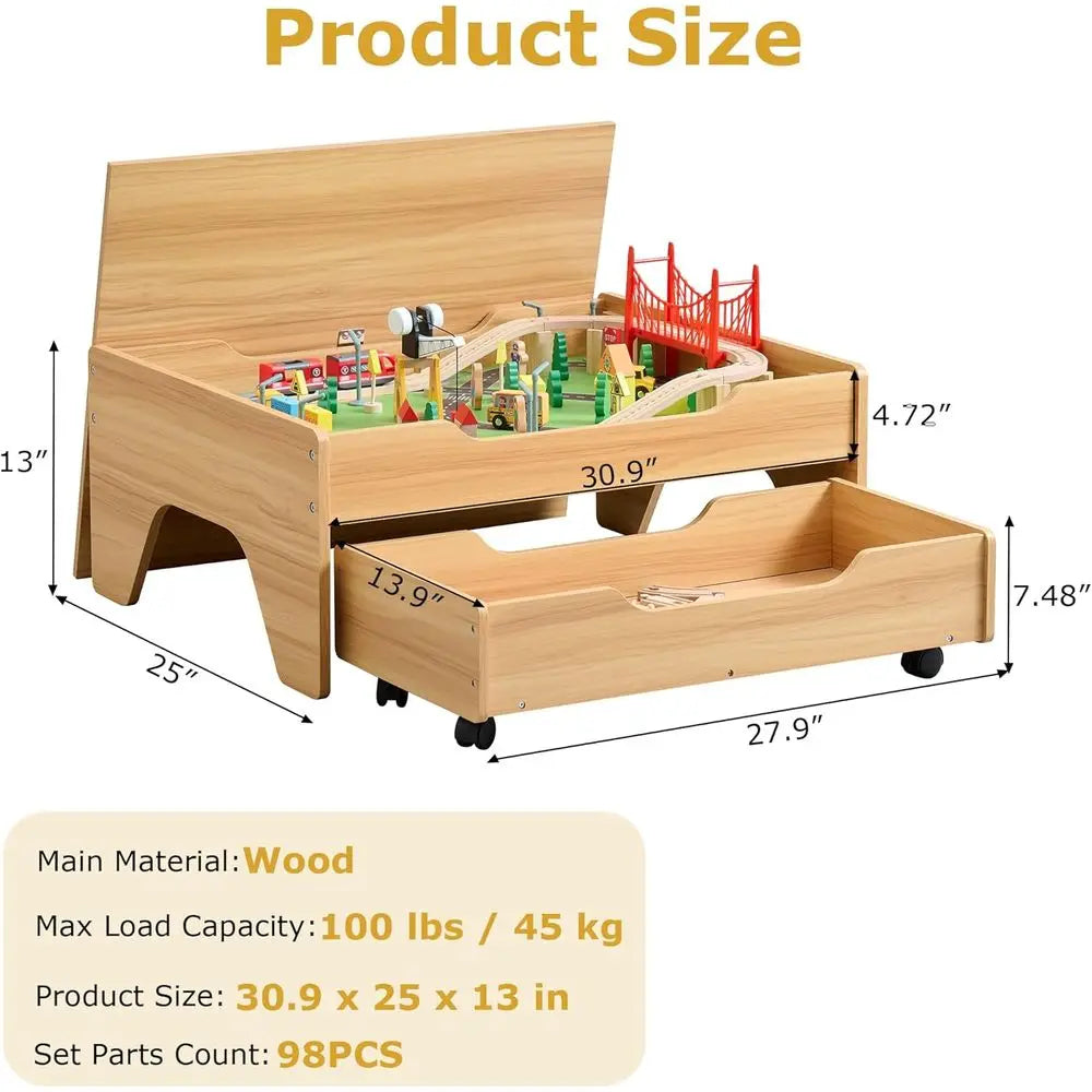 3 In 1 Wooden Train Table With Ample Storage Wheels