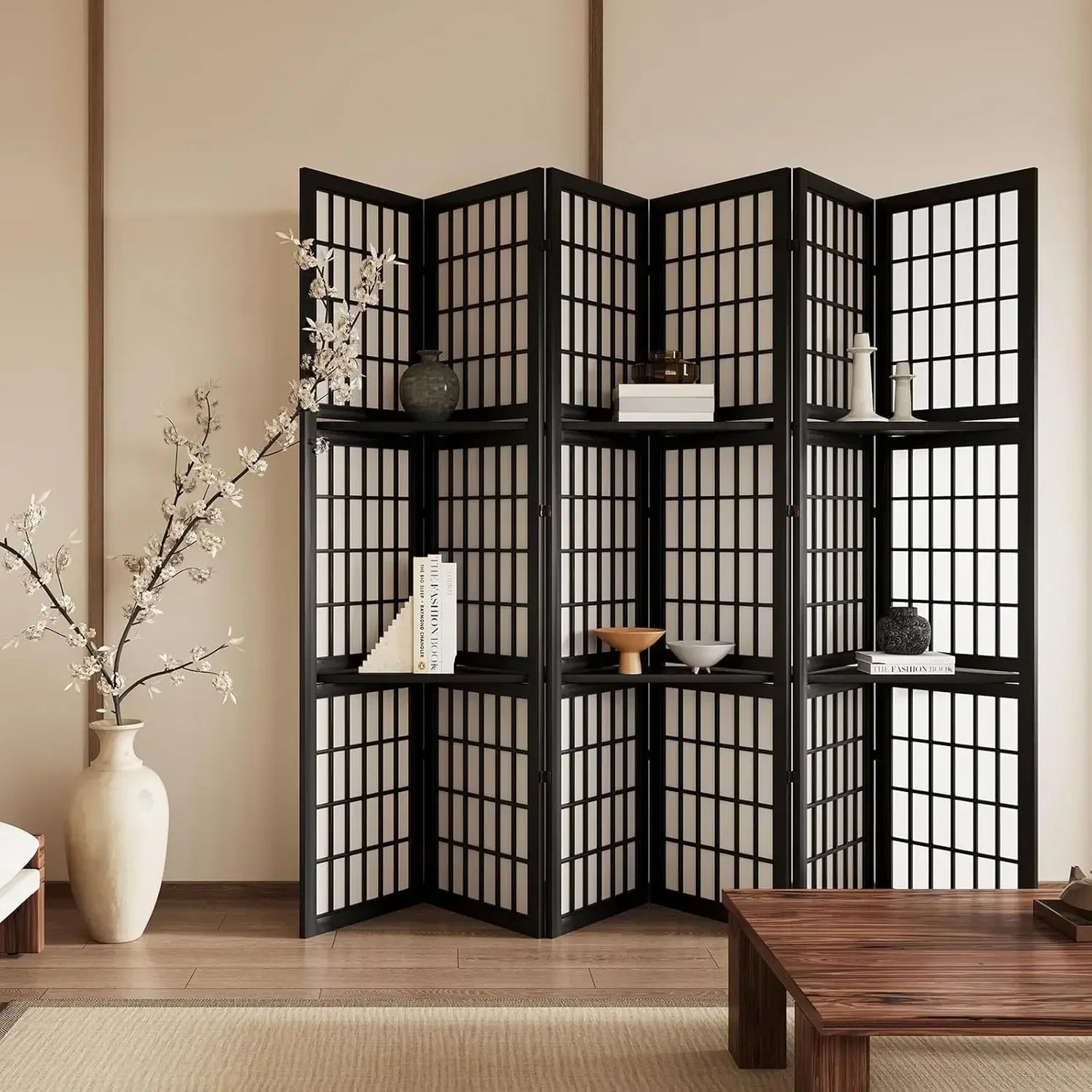 Shoji Style Folding Portable Room Divider Screen With Three Display Shelves