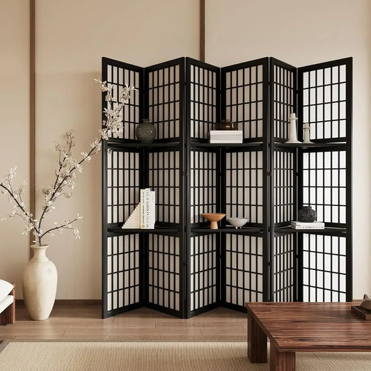 Shoji Style Folding Portable Room Divider Screen With Three Display Shelves