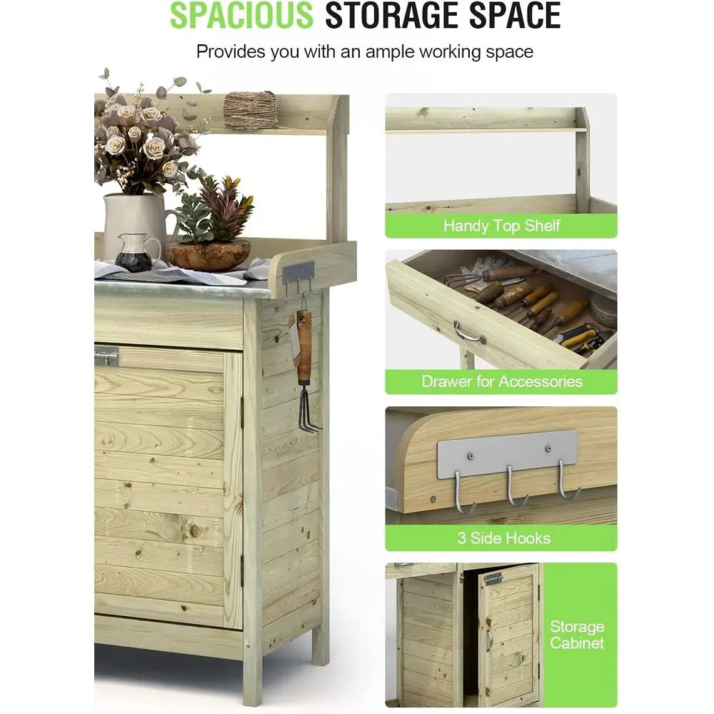 Fir Wood Outdoor Potting Bench With Sink And Storage