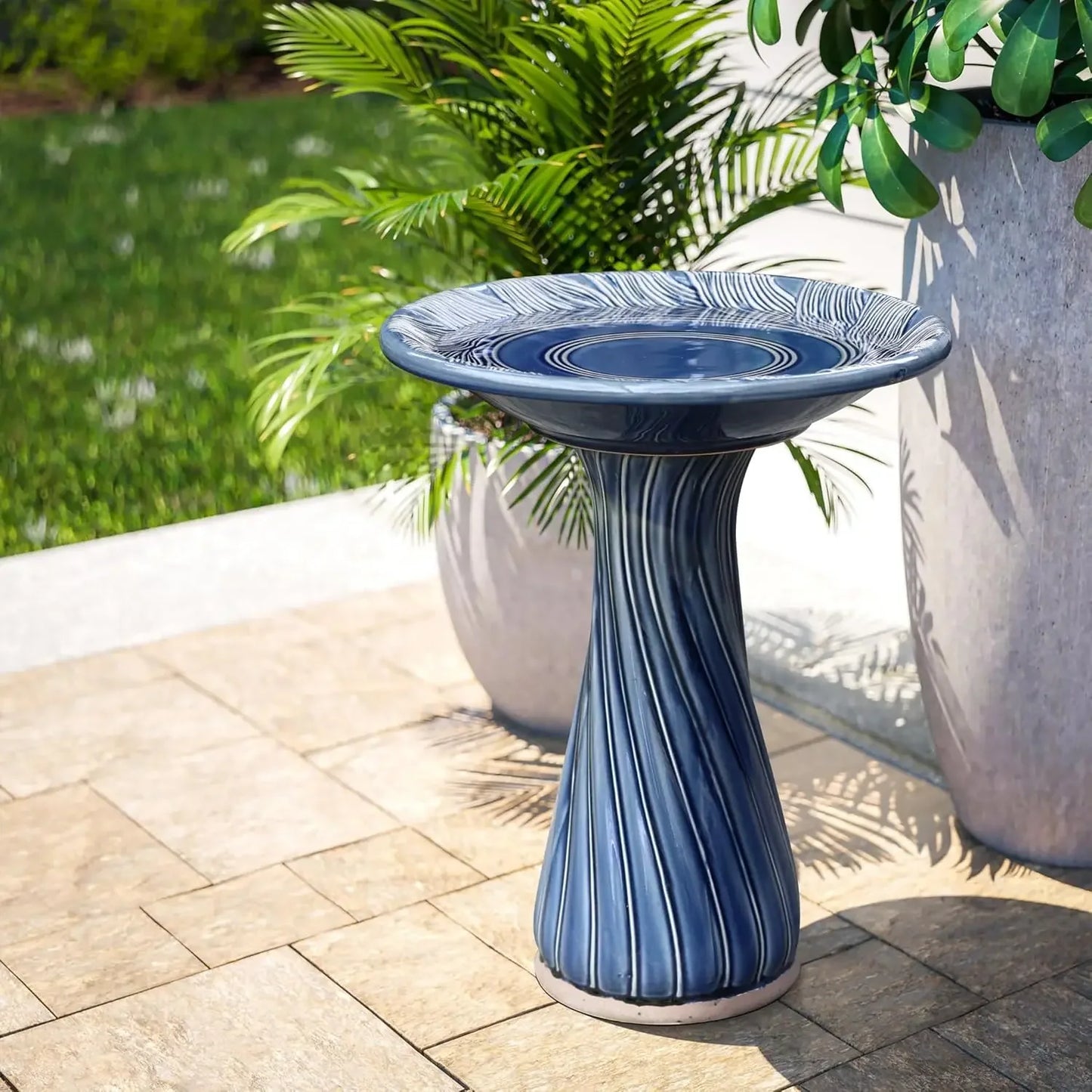 Ceramic Bird Bath With Leaves And Swirl Pattern Pedestal