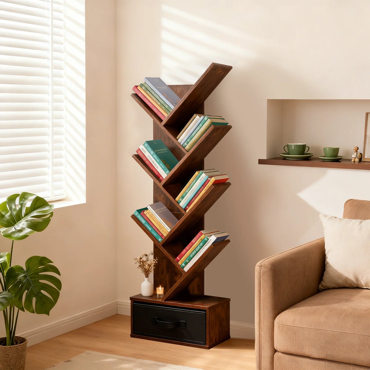 JHK 7-Tier Geometric Wooden Corner Bookshelf With Drawer